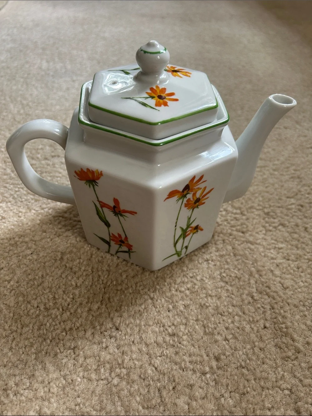 Vintage Toscany Collection White Ceramic Teapot with Orange Floral Design